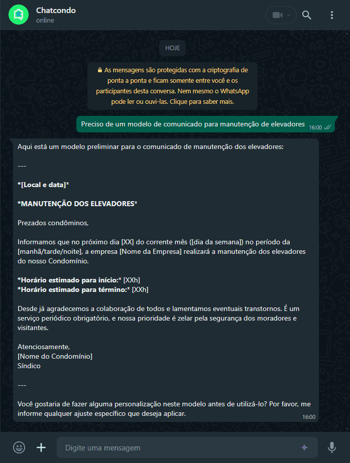 Imagem de solicitação ao ChatCondo sobre o quórum necessário para a reforma de fachada