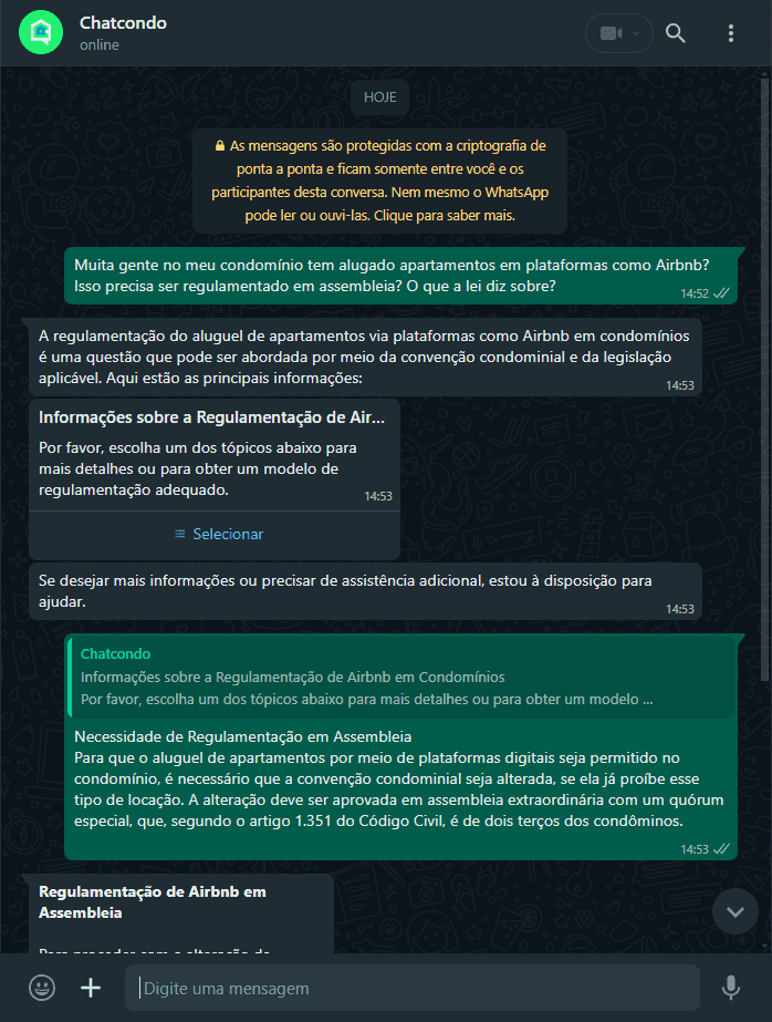 Imagem de solicitação ao ChatCondo sobre o quórum necessário para a reforma de fachada