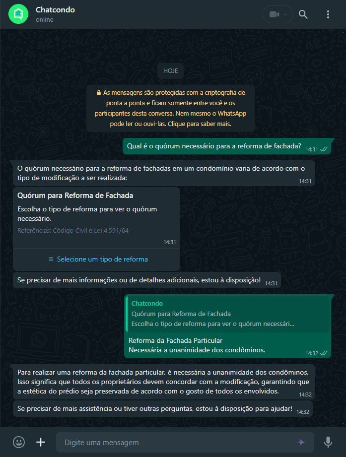 Imagem de solicitação ao ChatCondo sobre o quórum necessário para a reforma de fachada